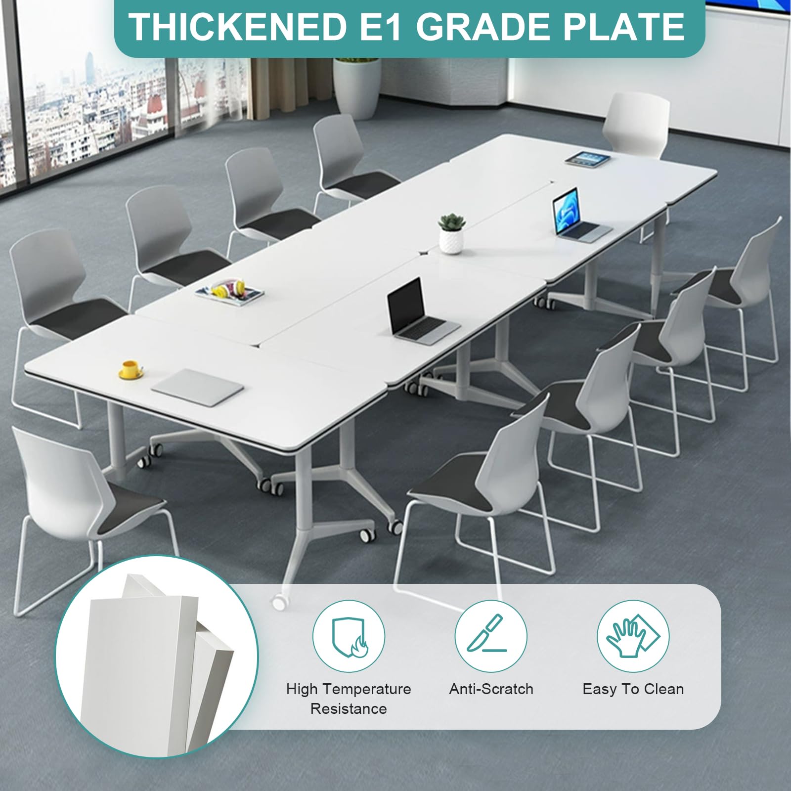 Conference Table Flip Top Mobile Training Table,White Folding Conference Room Table,Modular Meeting Table with Silent Wheels,Rounded Corner Design with Strong Metal Legs for Office,Classroom  - WoodArtSupply