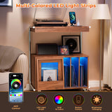 Large Record Player Stand with Sliding Door and Wheels,200 Vinyl Record Storage Cabinet, Record Player Table with Power Outlet & LED Light,Turntable Stand with Wood Legs for Living Room,Bedroom,Office Loomie