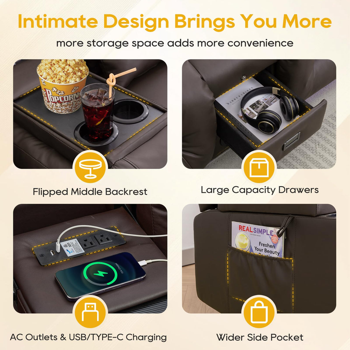 IPKIG 67" Power Reclining Loveseat Sofa, Electric Home Theater Seating with Console/4 Colors Ambient Lighting/Bluetooth Speakers/USB Ports/Built-in Outlets (Brown, Loveseat Recliner) IPKIG