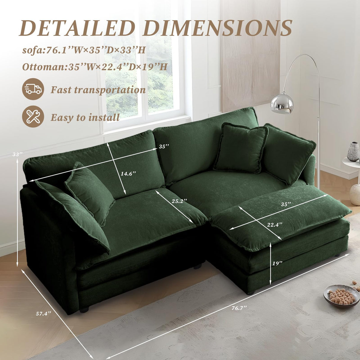 SoarFlash Chenille Sectional Sofa, Comfy L Shaped Modular Coush Sofa with Ottoman, Modern 2 Seat Couch Deep Seat Sofa Set for Living Room,Green SoarFlash