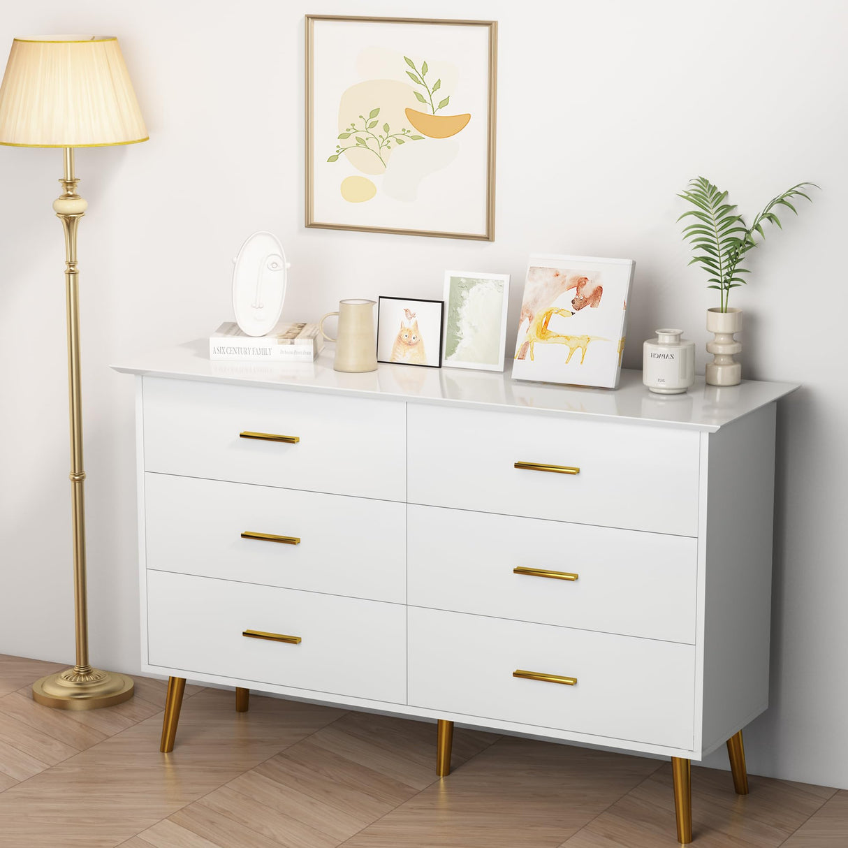 Boonatu White Dresser for Bedroom with 6 Drawers, White Dresser, Wood Dressers Chest of Drawers with Gold Handles, Modern LED Bedroom Dresser with Drawers for Closet Hallway, Living Room, White Boonatu