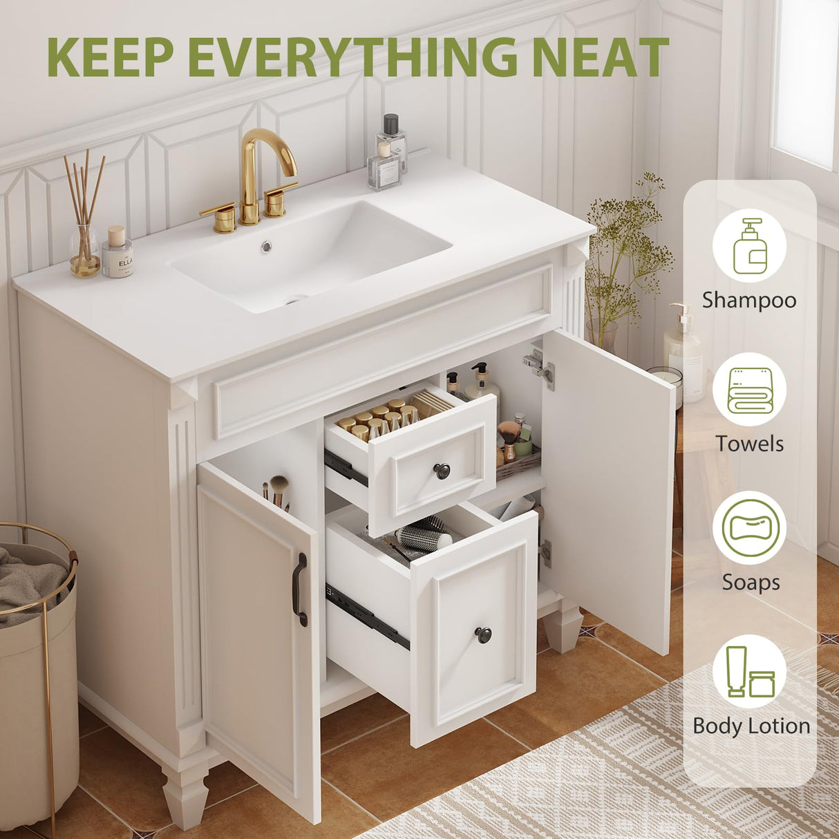 Sweetcrispy 36" Bathroom Vanity with Sink, Bathroom Storage Vanity Sink with 2 Doors& 2 Drawers, Farmhouse Wooden Free Standing Bathroom Cabinet with Sink, Easy Assembly, NO Mirror Faucet (White) Sweetcrispy