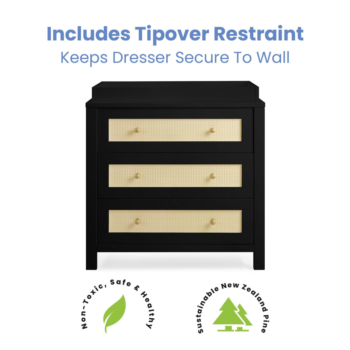 Simmons Kids Theo 3 Drawer Dresser with Changing Top and Interlocking Drawers, Black/Textured Almond Delta Children