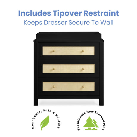Simmons Kids Theo 3 Drawer Dresser with Changing Top and Interlocking Drawers, Black/Textured Almond Delta Children