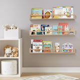 birola Nursery Book Shelves for Kids Rooms - 32 Inches Floating Wall Bookshelves Set of 3, Space-Saving Nursery Shelves with Beads Design for Kids Room, Bedroom and Study Room(Natural) birola