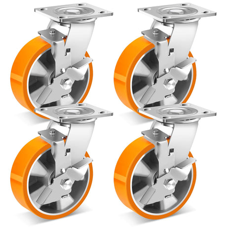 W B D WEIBIDA 6 Inch Industrial Grade Casters Set of 4, Heavy Duty Casters Wheels with Brake 5000 Lbs, Maintenance-Free Polyurethane on Aluminum Wheels, Plate Swivel Casters for Machine, Equipment W B D WEIBIDA