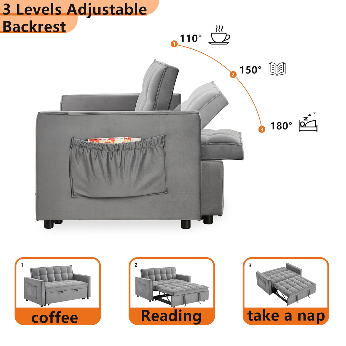 Gexpusm 3 in 1 Convertible Sleeper Sofa Bed, Modern Velvet Futon Couch Pullout Bed, Love Seat Lounge Sofa w/Reclining Backrest, Pockets, Grey Gexpusm