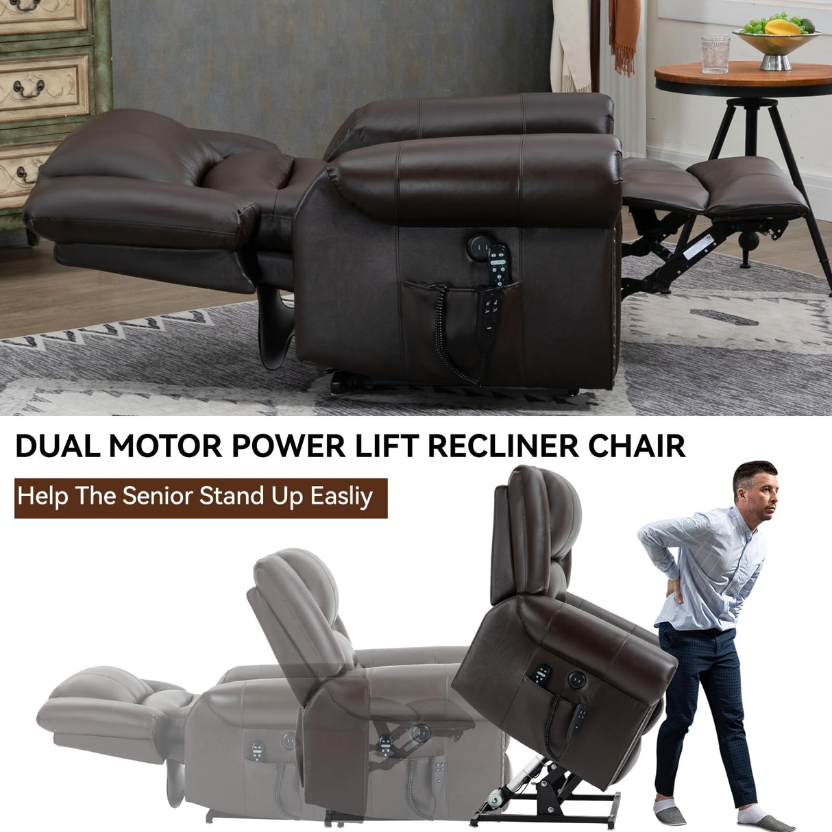 Dual Motor Power Lift Chair, Lay Flat Recliner Chair, Electric Recliner with Massage and Heat for Elderly, Remote Control, Infinite Position, Standing Assistance, USB Ports, Genuine Leather, Brown Trustyue
