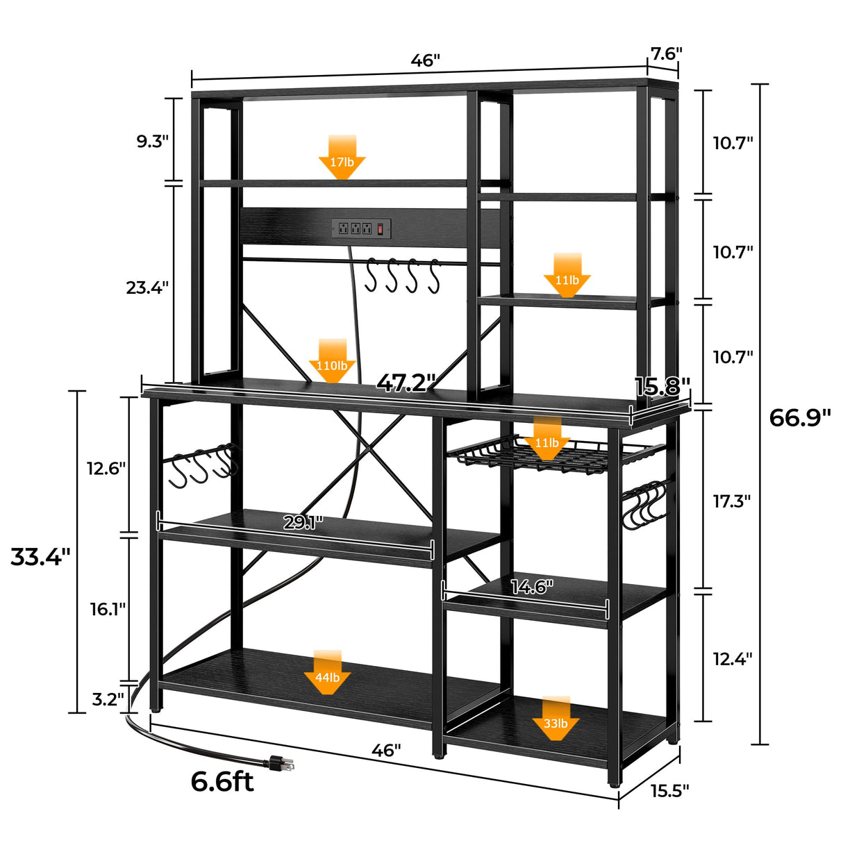 SUPERJARE Larger Bakers Rack with Power Outlets, 6-Tier Microwave Stand, Coffee Bar with 12 S-Shaped Hooks, Kitchen Shelf with Wire Basket, 47.2 x 15.5x 66.9 Inches, Black SUPERJARE