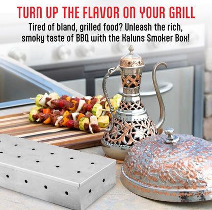 Kaluns Smoker Box For Gas Grill or Charcoal Grill, Stainless Steel Smoke Box, Works with Wood Chips, Add Smoked BBQ Flavor, Hinged Lid,Warp Free Grill Accessories