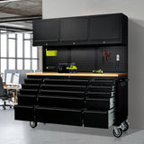 CT Copper Tailor 72-inch Rolling Tool Chest with Integrated Power Strip,15 Drawers and Wheels, Garage Workbench with Storage, 3 Upper Cabinets, Pegboard in Matte Black CT Copper Tailor