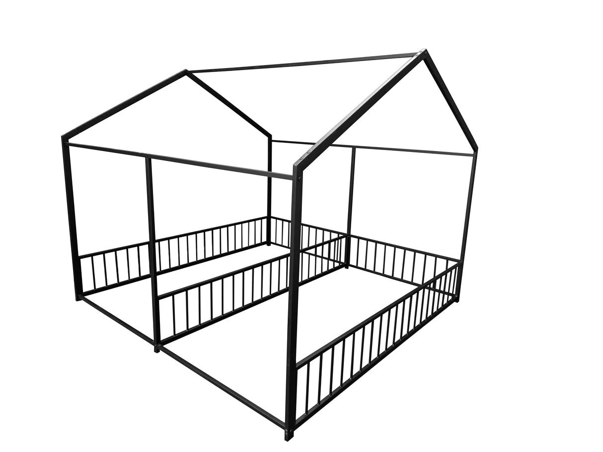 PVWIIK Double Montessori Floor Bed with Fence & Roof for Two Kids Teens Boys Girls,Twin Floor Bed,Easy Assemble,No Box Spring Needed, Black PVWIIK