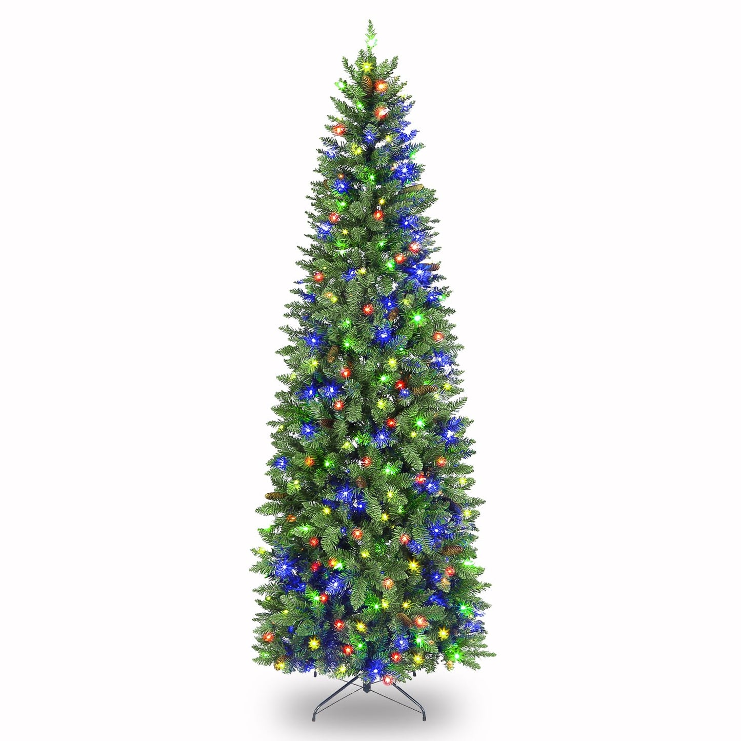 VIVATREES 9ft Prelit Pencil Christmas Tree with 350 Multicolor LED Lights, Artificial Green Slim Christmas Tree with 1308 PVC Branch Tips, Metal Stand and Hinged Branches, 10 Color Modes