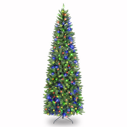 VIVATREES 9ft Prelit Pencil Christmas Tree with 350 Multicolor LED Lights, Artificial Green Slim Christmas Tree with 1308 PVC Branch Tips, Metal Stand and Hinged Branches, 10 Color Modes