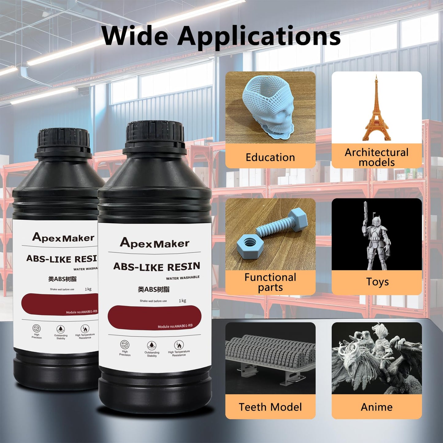 Apexmaker 3D Printer Resin ABS Like & Water Wash Resin, 1000g, High Precision Quick Curing Water Wash ABS Like Photopolymer Resin, 395-405nm UV Curing 3D Printing Liquid for LCD DLP SLA 3D Printers