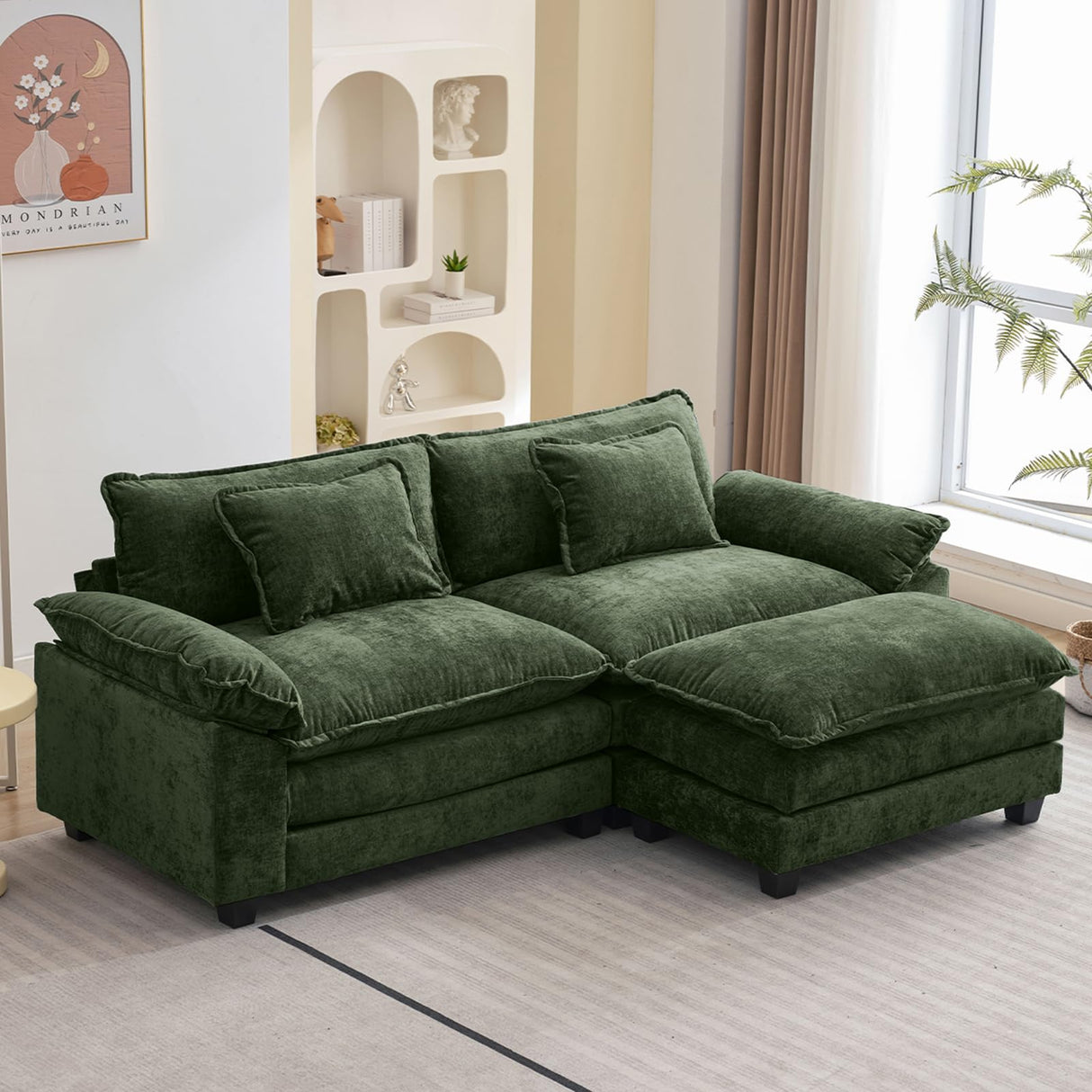 Oprisen 86" Modular Sectional Sofa, Comfy Cloud Couch Sectional Sofa with Ottoman, Chenille Sofa Sleeper Deep Seat Sofa with Throw Pillows for Living Room (Green, 86"- L Shape) Oprisen