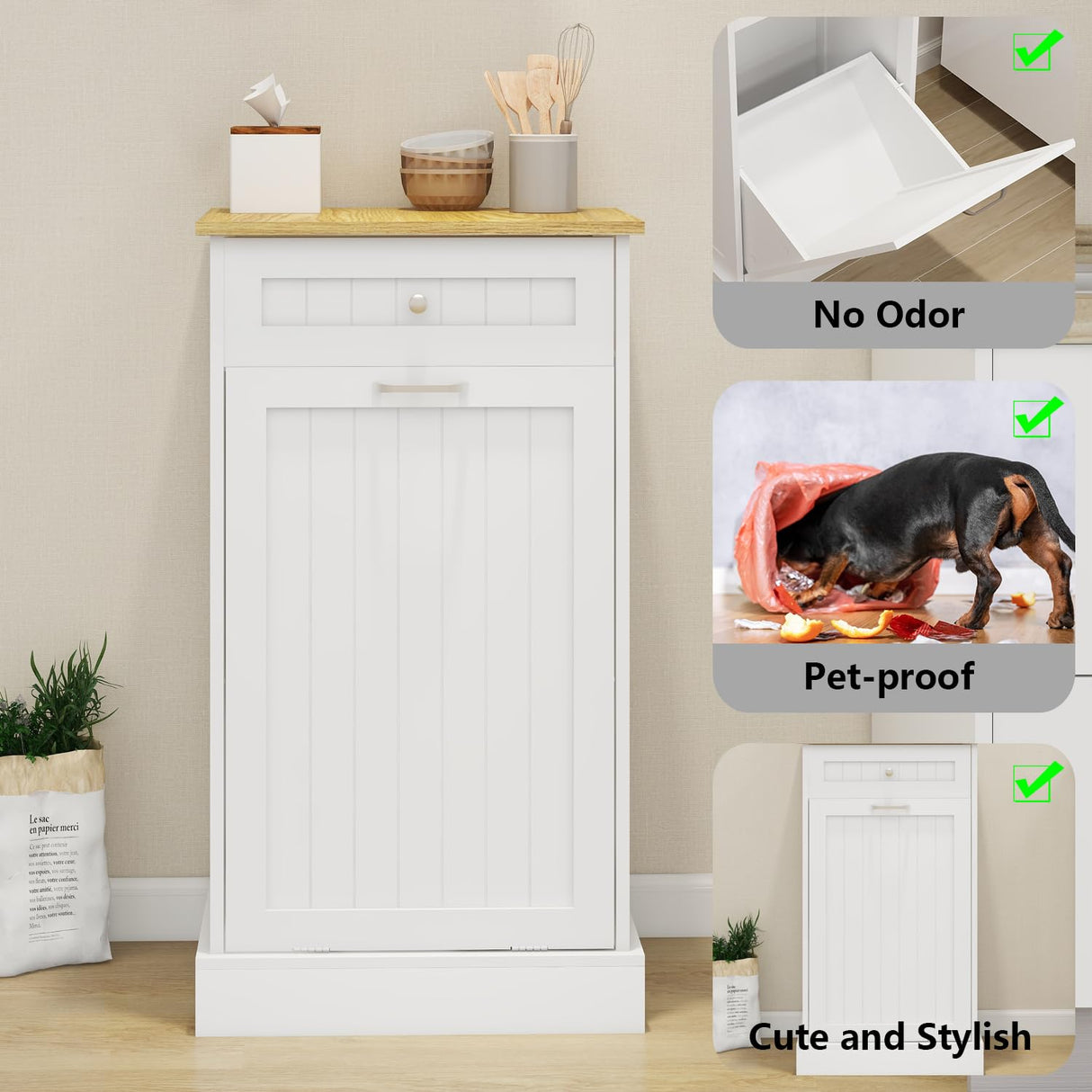 Bocarali Tilt Out Trash Cabinet, 10 Gallon Freestanding Wooden Kitchen Trash Recycling Sorter Cabinet with 2 Drawer, Tilt Out Trash Can Bin Garbage Laundry Cabinet for Living Room, White Bocarali