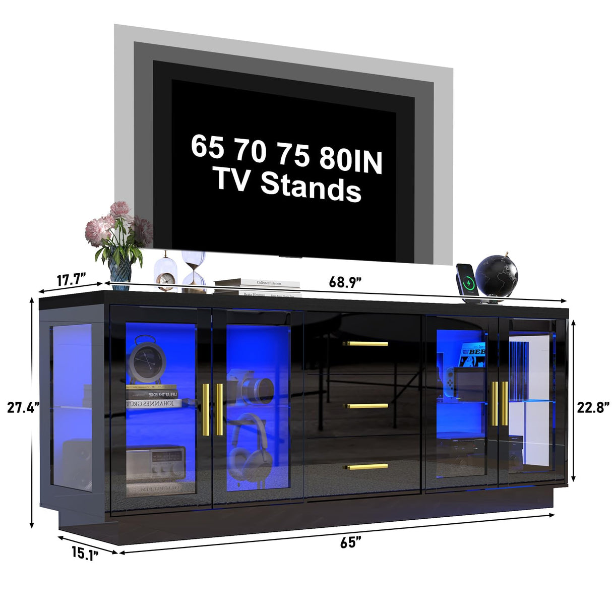 69" LED TV Stand for 70/75/80 inch TV,Modern Entertainment Center with Power Outlets,High Glossy Media Console Table Storage Cabinet with Open Shelves & Drawers for Living Room, Bedroom-Black jiteentarou