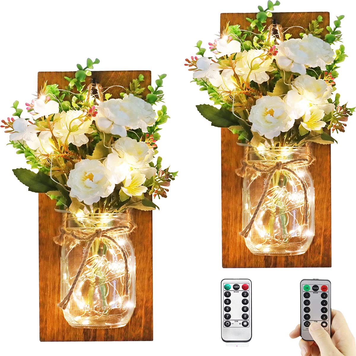 Rustic Home Decor Mason Jar Wall Sconces, Timer Led Fairy Lights and Flowers, Handmade Wood Art Goods Decor, Farmhouse Wall Decorations for Bathroom and Living Room - Set of 2 OCTMUSTARD