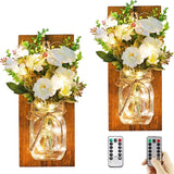 Rustic Home Decor Mason Jar Wall Sconces, Timer Led Fairy Lights and Flowers, Handmade Wood Art Goods Decor, Farmhouse Wall Decorations for Bathroom and Living Room - Set of 2 OCTMUSTARD