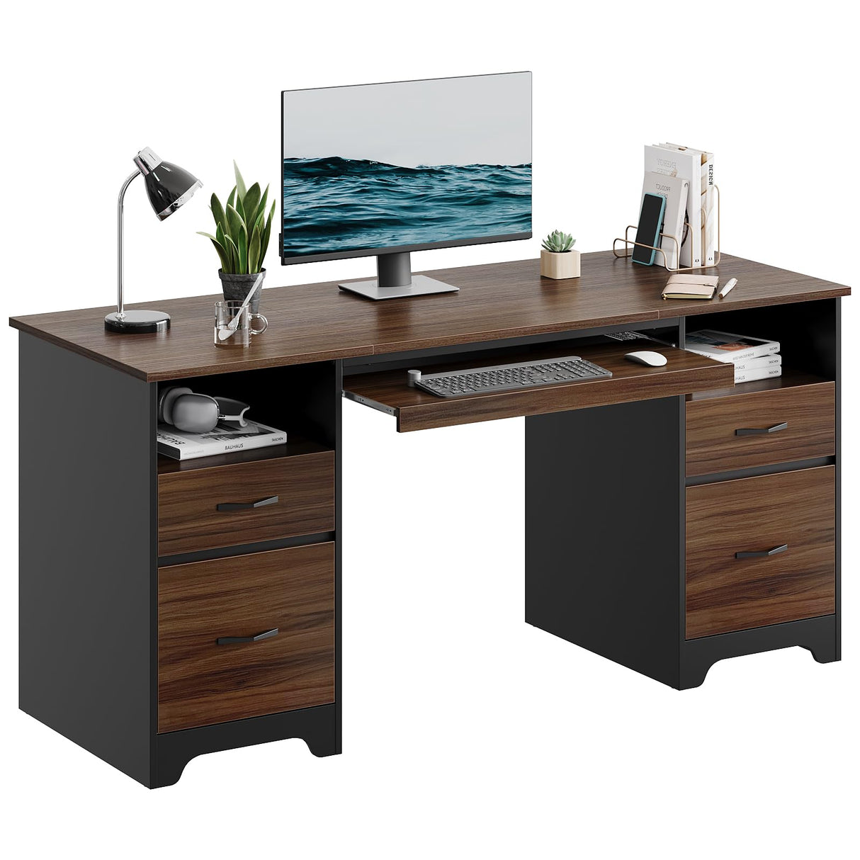 Bestier 59” Computer Desk with 4 Drawers, Office Desk with Storage, Industrial Executive Desk with File Drawer, Keyboard Tray & 2 Pedestals for Home Office & Studio, Cherry Bestier