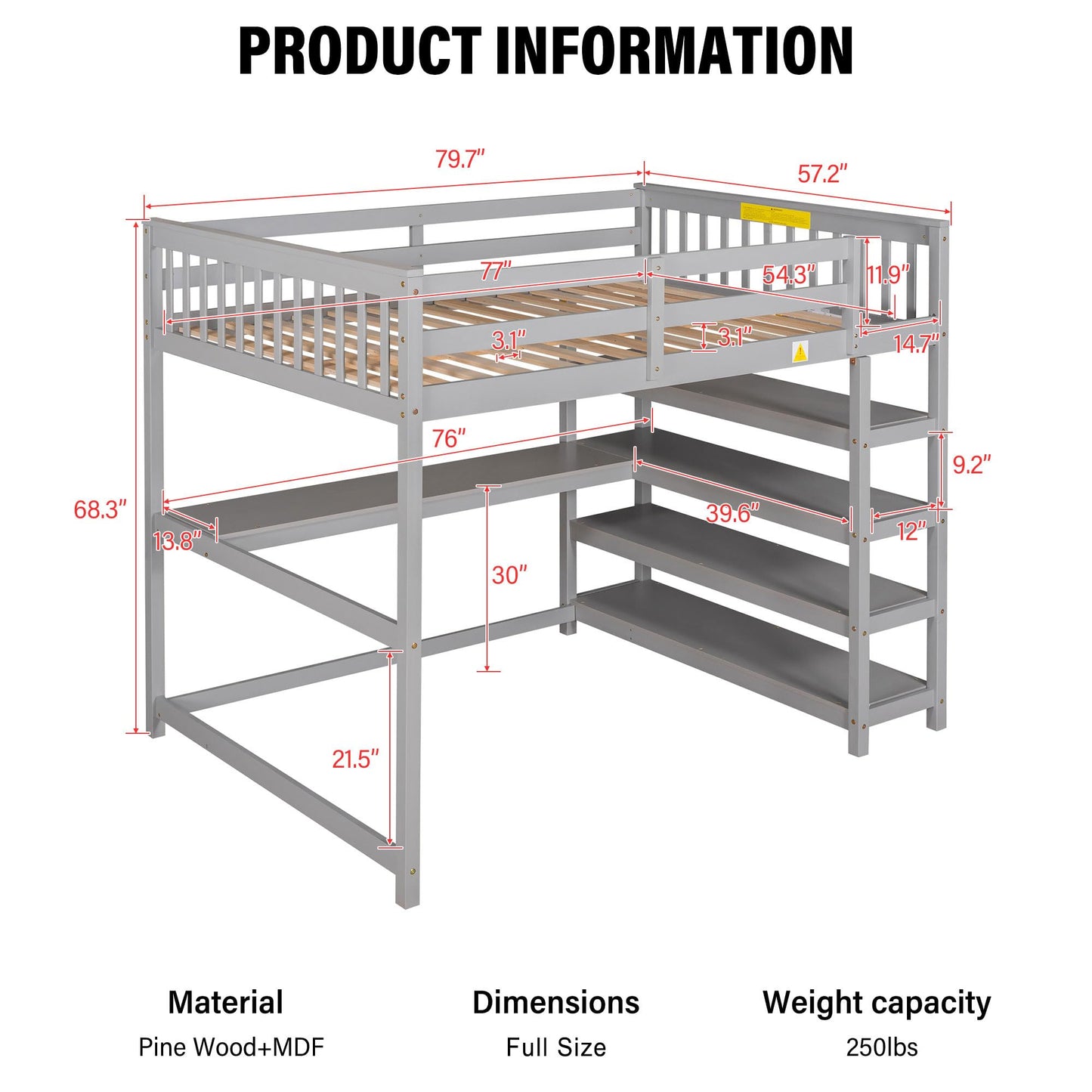 Merax Wood Loft Bed with Desk : Full Size Loft Bed with 4-Storage Shelves and Under Bed Desk Solid Wood Bed, Grey