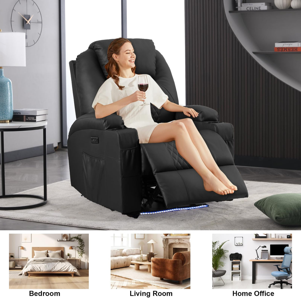 AHMED Power Recliner Chair, Home Theater Seating with LED Ambient Lighting, PU Leather Lazy Sofa Heat Massage Chair with Cup Holders/Side Pockets/USB Ports for Living Room, Dark Black, Set of 2 AHMED