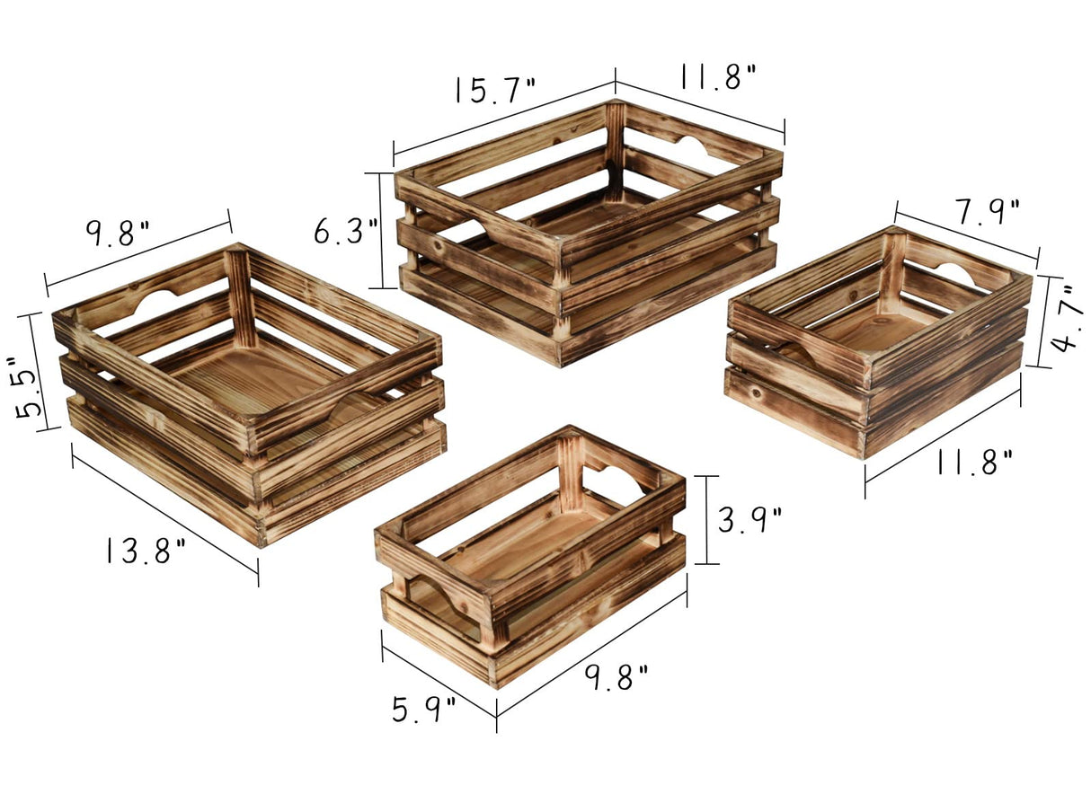 JUMBO HUMBLE Large Torched Wood Storage Crates Decorative, Set of 4 Nesting Wooden Crates for Display Rustic, Farmhouse Wooden Storage Container Boxes Made from 100% Wood JUMBO HUMBLE