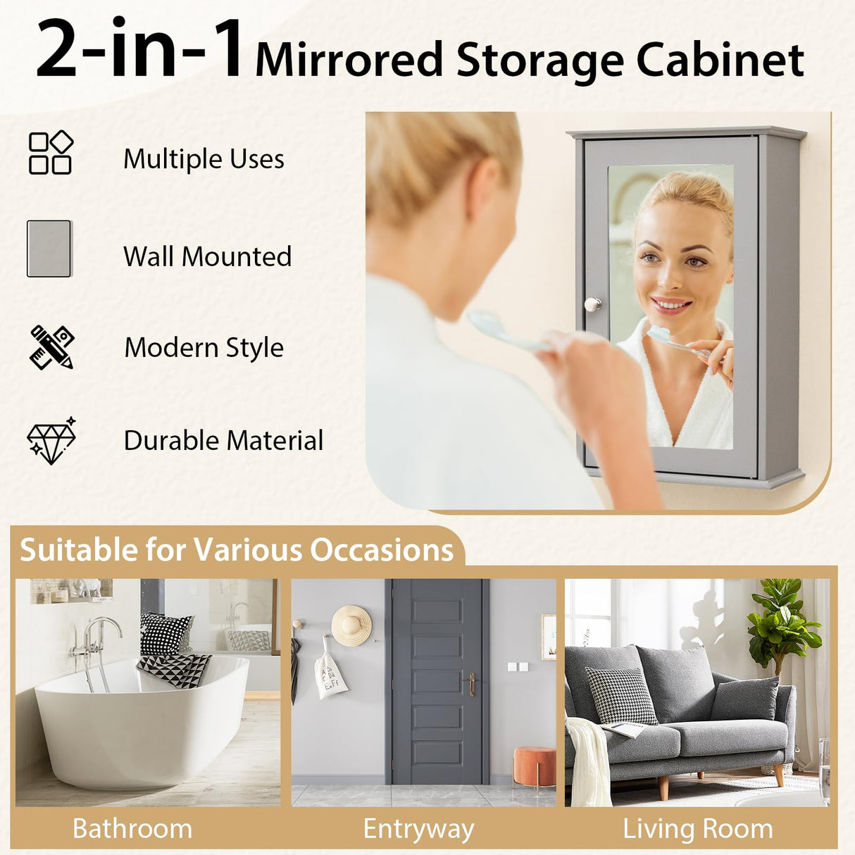 Tangkula Bathroom Medicine Cabinet with Mirror, Wall Mounted Single Mirror Door Storage Cabinet w/Adjustable Shelf, Wall Cabinet w/Reversible Door for Bathroom Living Room Hallway (Grey) Tangkula