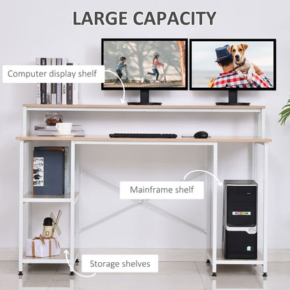 HOMCOM 55 Inch Home Office Computer Desk Study Writing Workstation with Storage Shelves, Elevated Monitor Shelf, CPU Stand, Durable X-Shaped Construction, Oak Wood Grain