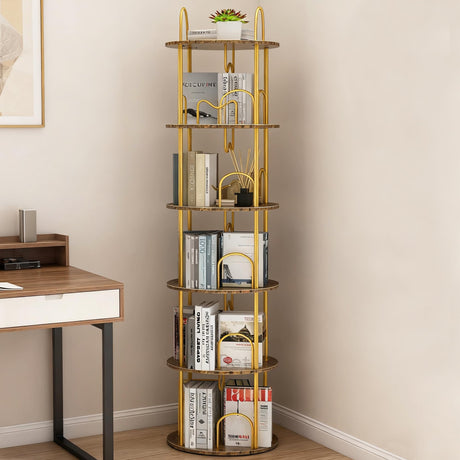 Merkisa 5 Tier Rotating Bookshelf, 360° Spinning Bookshelf Tower, Narrow Corner Book Shelf, Revolving Bookcase Corner Tall Book Shelf for Small Spaces, Bedroom, Living Room, Gold Merkisa
