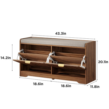 Maupvit Fluted Shoe Bench with Storage, Narrow Wooden Entryway Bench with Removable Cushion & 2 Flip-Drawers, Shoe Cabinet Bench, Farmhouse Boho Shoe Rack for Entrance, Hallway, Living Room (Walnut) Maupvit