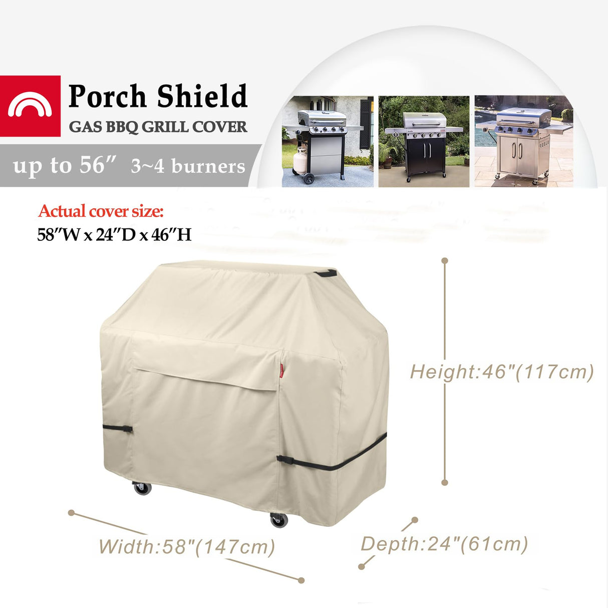 Porch Shield 58W x 24D x 46H inch Premium Gas Grill Cover Up to 56 inch, Waterproof and Fade Resistant 600D BBQ Covers for Weber, Brinkmann, Char-Broil and More, Light Tan Porch Shield