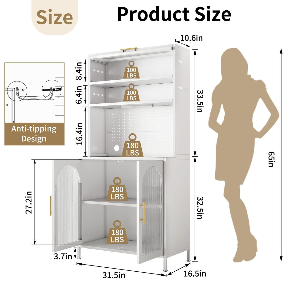 BECHEAO 66" Tall Kitchen Pantry Cabinet with LED Sensor Light, 5 Tier Metal Food Storage Cabinet with Adjustable Shelves, Hutch Cabinet Rack for Kitchen Living Dining Room, White BECHAEO