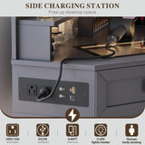 Corner Vanity with Mirror and Lights,Modern Makeup Vanity with Charging Station for Bedroom/Cloakroom,Glass Top Vanity Desk with Drawers and Shelves,Grey Dystler