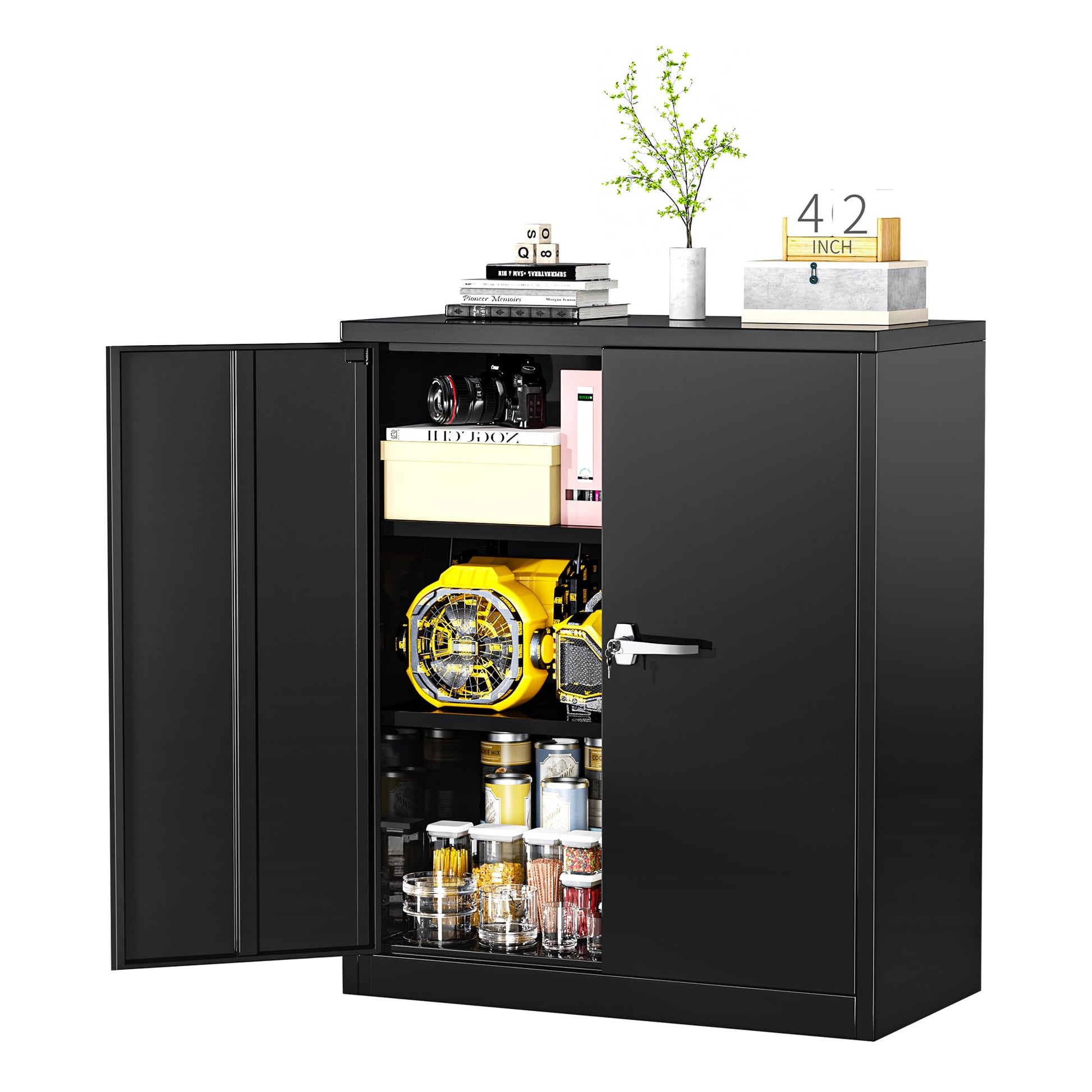 Greenvelly Metal Storage Cabinet, 42" Black Lockable Storage Cabinet with Doors and Shelves, Locking Storage Cabinet for Office, Utility Locker Cabinet, Steel Garage Cabinet with 2 Keys for H - WoodArtSupply