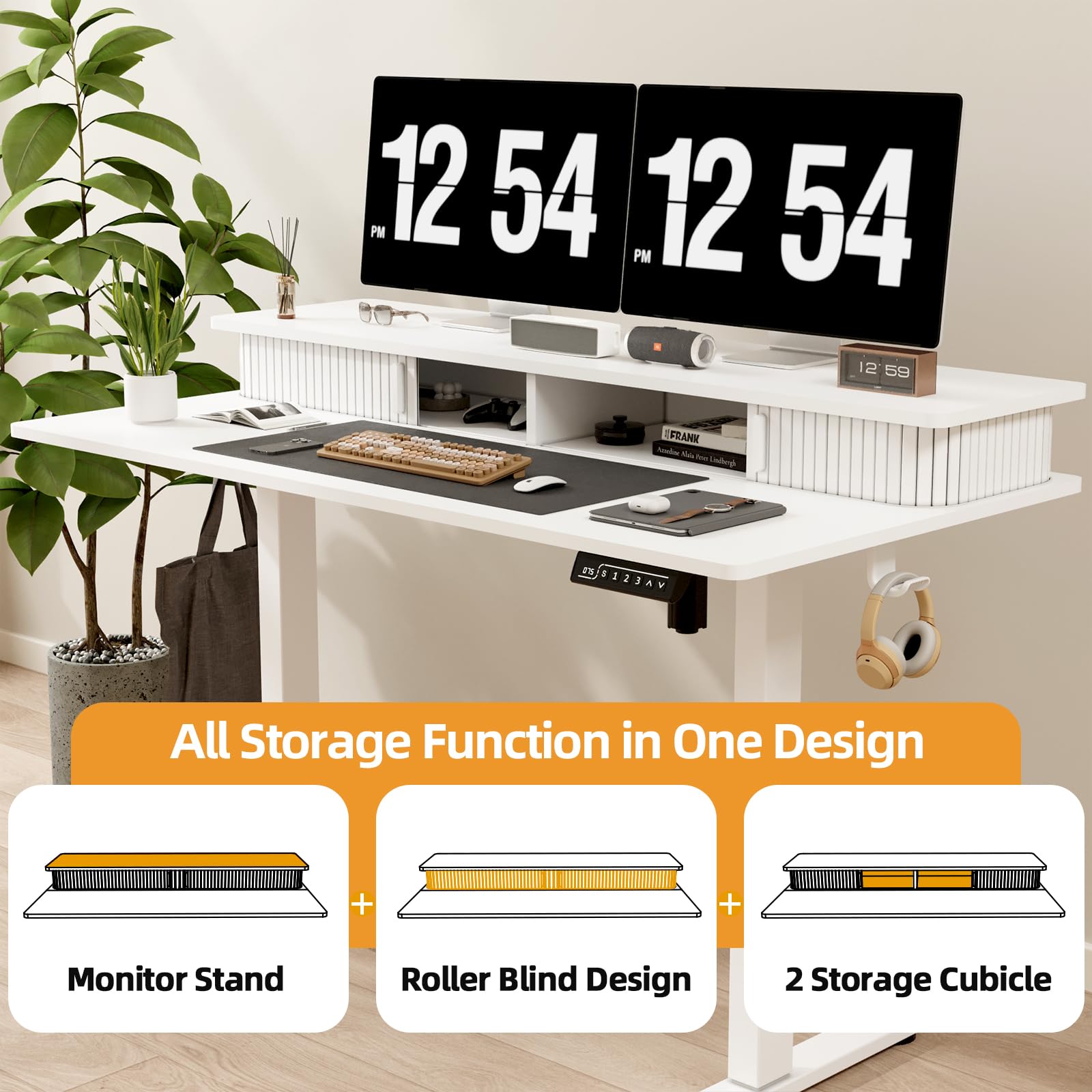 JOY worker Height Adjustable Electric Standing Desk with Storage Shelves, 48 Inch Table with Built-in Monitor Stand, Sit Stand Desk with 2 Hooks for Home Office, White - WoodArtSupply