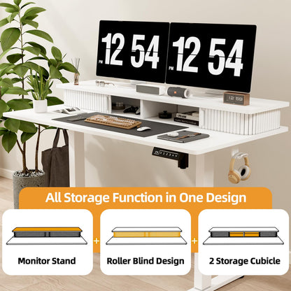 JOY worker Height Adjustable Electric Standing Desk with Storage Shelves, 55 Inch Table with Built-in Monitor Stand, Sit Stand Desk with 2 Hooks for Home Office, White - WoodArtSupply