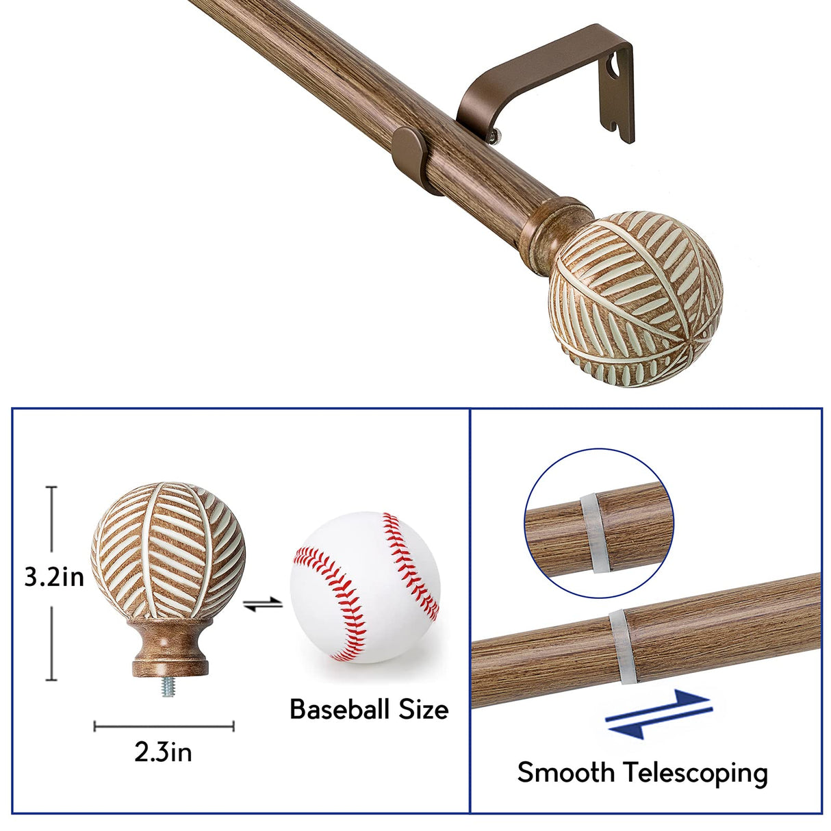 Wood Curtain Rods for Windows: 1 Inch Diameter Adjustable Drapery Rods 48" to 86",2 Pack Curtain Rods with Imitation Wood Grain Leaf Pattern Finials UNCONSIL