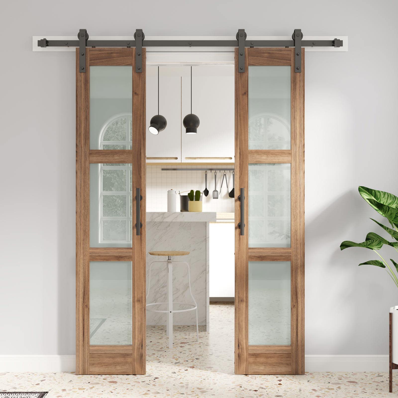 FREDBECK Double 18 x 84 inch Glass Barn Doors 36inch Barn Door with 6.6FT Hardware Kit & Handle Included,3-Panel Frosted Glass,LVL Wood Panel,Water-Proof PVC Surface,Pre-Drilled Holes,Need As - WoodArtSupply