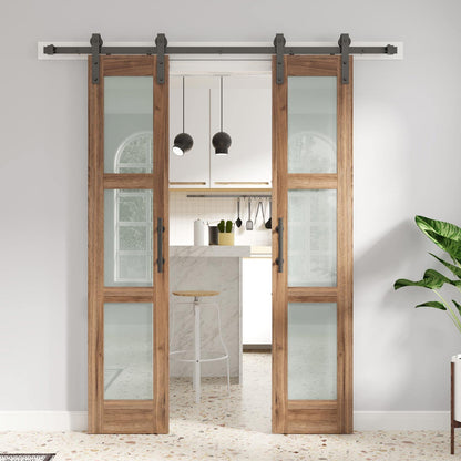 FREDBECK Double 18 x 84 inch Glass Barn Doors 36inch Barn Door with 6.6FT Hardware Kit & Handle Included,3-Panel Frosted Glass,LVL Wood Panel,Water-Proof PVC Surface,Pre-Drilled Holes,Need As - WoodArtSupply