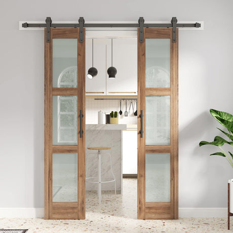 FREDBECK Double 18 x 84 inch Glass Barn Doors 36inch Barn Door with 6.6FT Hardware Kit & Handle Included,3-Panel Frosted Glass,LVL Wood Panel,Water-Proof PVC Surface,Pre-Drilled Holes,Need Assembly FREDBECK