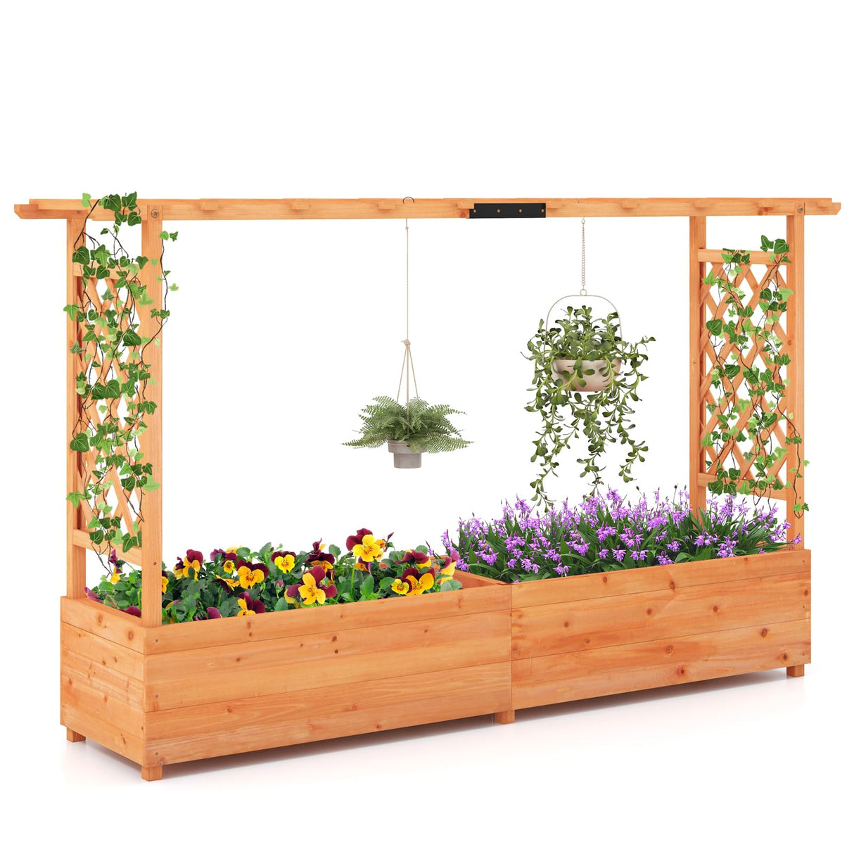 HAPPYGRILL Raised Garden Bed with Trellis, Wood Elevated Garden Bed with Hanging Roof, Planter Box, Drainage Holes for Climbing Plants, Flowers, Vegetables, Outdoor Planting Bed for Garden Patio Yard HAPPYGRILL