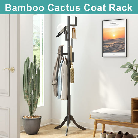 Vriccc Black Coat Rack Freestanding, Bamboo Cactus Coat Tree, Adjustable Height Wooden Coat Stand with 6 Hooks, kids coat rack, Used In The Bedroom Living Room, Office To Hang Clothes, Hats, Bags Vriccc