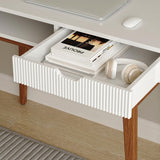 Longcoam Design White Computer Desk with Drawers - 45 inch Minimalist Small Solid Wood Mid-Century Modern Office Desk for Home - Boho Style Writing Table with Open Storage,Light Wooden Desk Workspace Longcoam Design