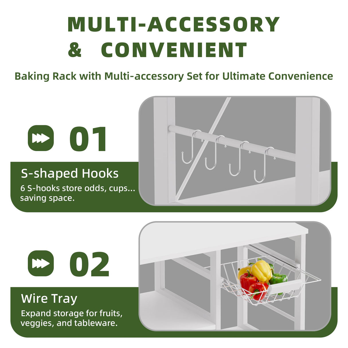 vovala Baker’s Rack, Microwave Oven Stand with Bamboo Frame, 35.43" Coffee Bar with Wire Basket & 6 Hooks, 3-Tier Kitchen Storage Shelf Stand for Kitchen, Living Room, Office, White vovala