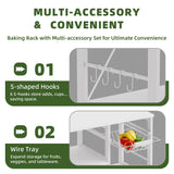 vovala Baker’s Rack, Microwave Oven Stand with Bamboo Frame, 35.43" Coffee Bar with Wire Basket & 6 Hooks, 3-Tier Kitchen Storage Shelf Stand for Kitchen, Living Room, Office, White vovala