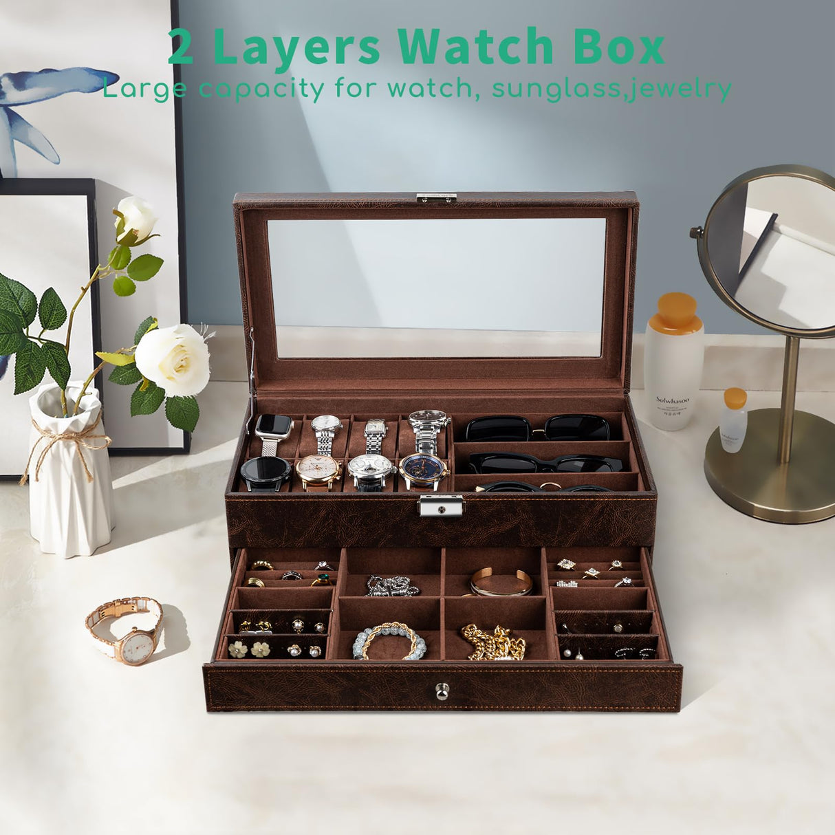 TomCare Watch Box 2-Tier Watch Case Jewelry Organizer Box with Thick Glass Lid Lockable Watch Organizer Jewelry Display Holder Sunglass Rings Necklaces Bracelets Storage Organizer for Men Women,Brown TomCare