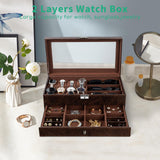 TomCare Watch Box 2-Tier Watch Case Jewelry Organizer Box with Thick Glass Lid Lockable Watch Organizer Jewelry Display Holder Sunglass Rings Necklaces Bracelets Storage Organizer for Men Women,Brown TomCare
