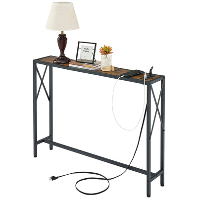 Gewudraw Console Table with 2 AC Oulets & 2 USB Ports, 41.8" Narrow Sofa Table, Entryway Table, Industrial Sofa Table for Hallway, Living Room, Bedroom, Long Console Table, 6.5 Feet Power Cord
